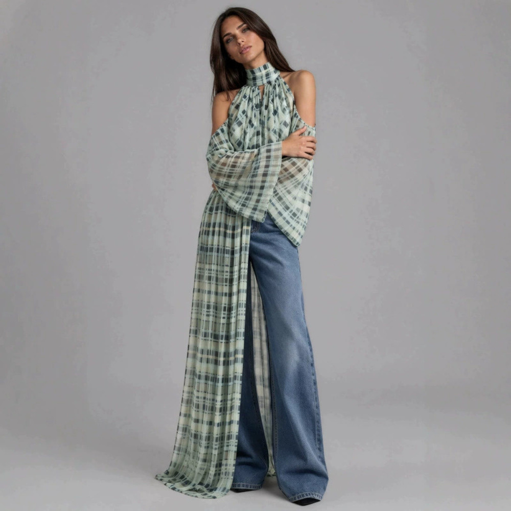 ZARA Stylish Halter Neck Off Shoulder Plaid Long Sleeve Blouse for Women Autumn